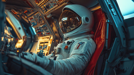 Side profile of a space astronaut sitting inside a space rocket, preparing for launch, with the interior of the spacecraft visible in detail.の素材