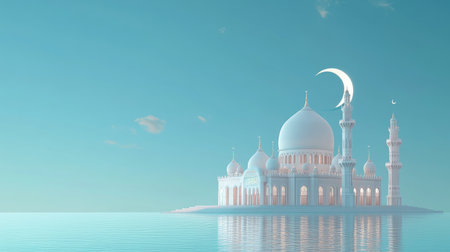 Stylized 3D rendering of a mosque with a prominent crescent moon, all placed on a tranquil blue background, symbolizing Islamic culture.の素材