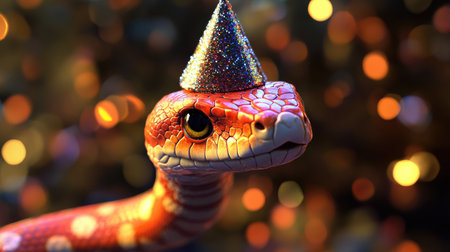A snake with a festive party hat, celebrating the Chinese New Year with a joyful and playful attitude, perfect for a fun holiday sceneの素材