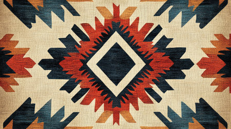 Detailed Navajo tribal pattern background, featuring intricate ethnic designs and colors, creating a seamless and authentic Native American textile look.の素材