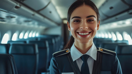 A cheerful cabin crew member in uniform, smiling in an empty aircraft, symbolizing professionalism and hospitality in the airの素材