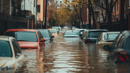 Street lined with cars submerged in floodwater, water lapping at the doors and windows, creating a stark image of a natural disaster in an urban setting.の素材