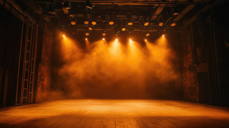 Theater stage with a dark background, spotlighted in warm yellow and orange tones, adding depth and anticipation to the scene.の素材