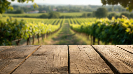 Wooden table in focus with a French vineyard blurred in the background, creating a serene and inviting scene for product showcaseの素材