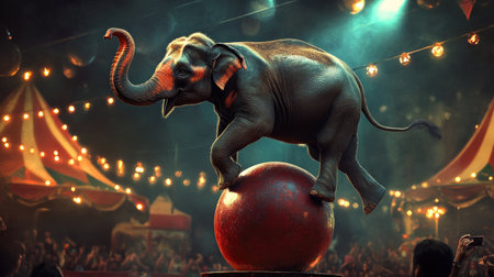 A majestic circus elephant balancing delicately on a ball, surrounded by bright lights and a cheering crowdの素材