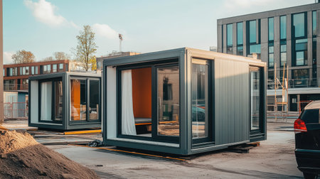 Portable home and office cabins set up at a construction site, providing a flexible and mobile workspace solution.の素材