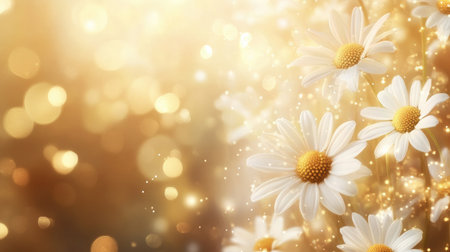 Delicate white daisies on a glowing golden blurred background, offering a peaceful and warm floral sceneの素材