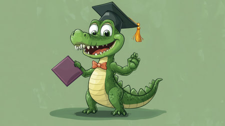 A cartoon alligator with a graduation cap and diploma, celebrating a special achievement with a proud and happy expression.の素材