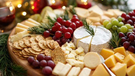 A gourmet cheese board with a selection of cheeses, crackers, and fresh fruits, ideal for a festive celebration.の素材
