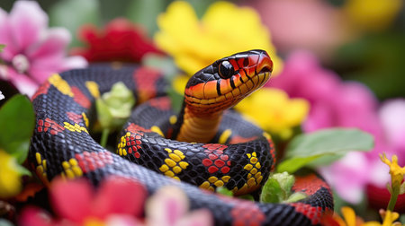A coral snake slithering through a bed of flowers, with its vibrant red, yellow, and black bands, highlighting its warning coloration.の素材
