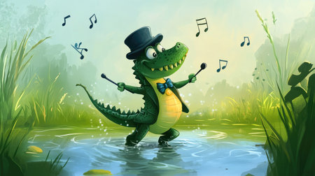 Cartoon alligator with a top hat and cane, dancing in a swamp with musical notes floating around, creating a playful and fun scene.の素材