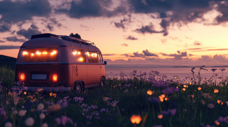 A camper van with lights glowing in the fading light of dusk, surrounded by a picturesque landscape, capturing the essence of adventure and freedom.の素材