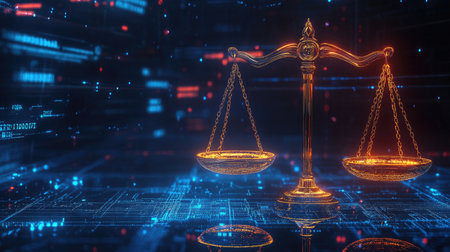 High-tech justice network with glowing scales, representing the digital future of law and order.の素材
