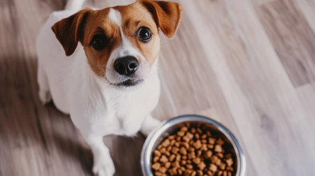 A sweet little dog beside its bowl of dog food, looking up at the camera with an inviting expression, set in a simple background.の素材