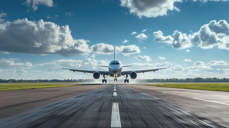 A majestic civil jet airliner departing from the runway, ascending gracefully into the blue sky, illustrating the power and elegance of flight.の素材