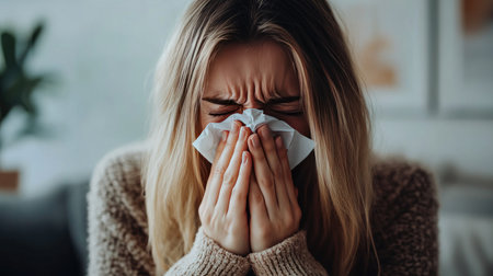 Woman sneezing into a tissue, capturing the discomfort and symptoms of allergic rhinitis in a relatable sceneの素材