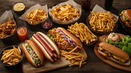 A spread of classic American foods including hot dogs, crispy fries, and burgers displayed on a table, with a casual dining atmosphere.の素材