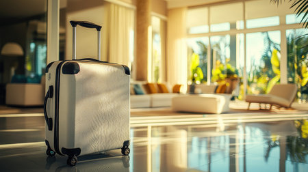 A travel suitcase positioned in a luxury villa, highlighting the start of a holiday in an elegant and sophisticated settingの素材
