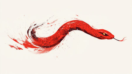 A vibrant red brush-painted snake, designed in Chinese style, symbolizing the welcome of the 2025 Chinese New Year, with bold and dynamic strokesの素材