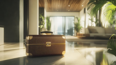 A travel suitcase positioned in a luxury villa, highlighting the start of a holiday in an elegant and sophisticated settingの素材