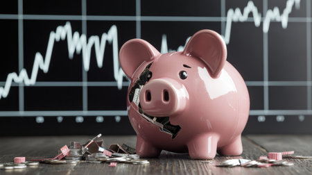 Crumbling piggy bank against a backdrop of rising cost charts, symbolizing inflation and the financial crisis affecting everyday lifeの素材