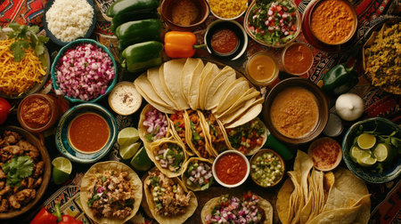 A top-down view of a table laden with assorted tacos, fresh ingredients, and various sauces, embodying the richness of Mexican cuisineの素材