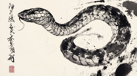 Artistic black brush painting of a snake for the 2025 Chinese New Year, capturing the essence of traditional Chinese calligraphyの素材