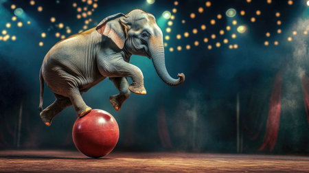 Elephant performing a balancing act on a ball, capturing the magic and entertainment of the circus with a playful atmosphereの素材