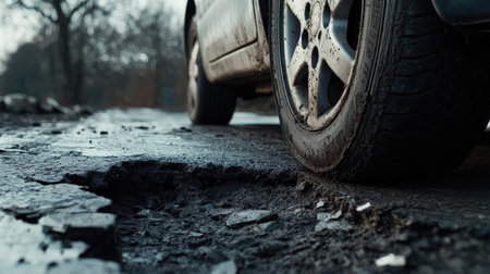 Close-up of a car tyre beside a pothole, capturing the hazards of driving on damaged roads and the risk to vehiclesの素材