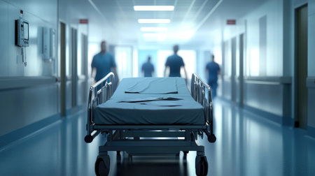 Empty hospital bed in a corridor, with blurred figures walking by, depicting the hectic environment of a busy medical facilityの素材