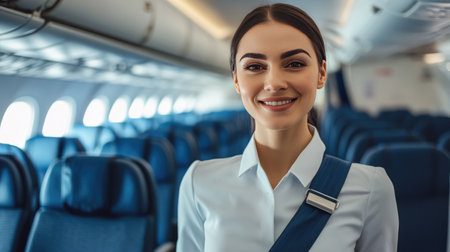Confident flight attendant in uniform, smiling warmly in an empty airplane cabin, ready for the next flightの素材
