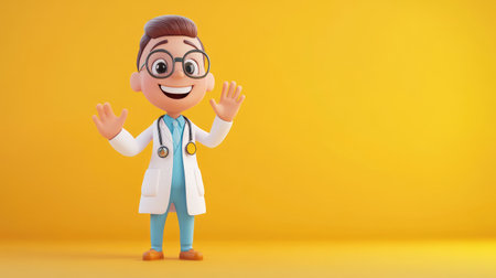 Cute 3D cartoon doctor character, waving with a big smile, against a bold, bright background, ideal for health-related contentの素材
