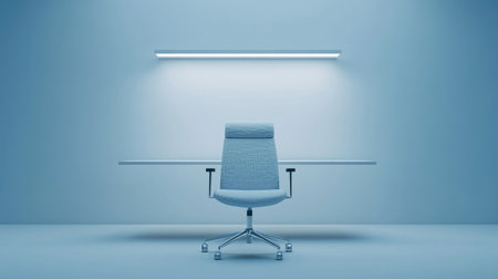 Office chair with a blank search bar floating above, symbolizing the search for new job opportunities in a 3D-rendered recruitment sceneの素材