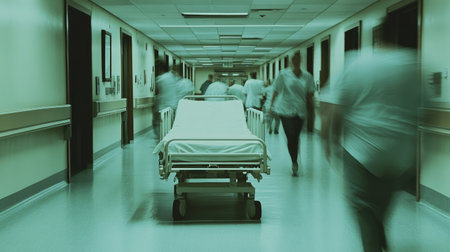 Hospital bed in a busy hallway, with staff moving past, symbolizing the fast-paced nature of healthcare environmentsの素材