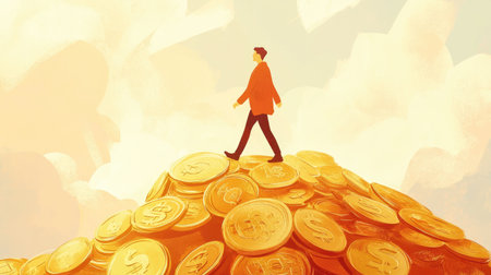 Illustration of a man confidently walking on a pile of gold coins, symbolizing financial success and stability, in a money-themed conceptの素材