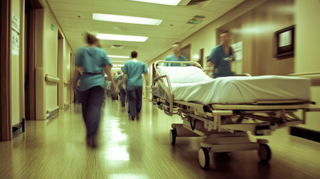 Hospital bed in a busy hallway, with staff moving past, symbolizing the fast-paced nature of healthcare environmentsの素材