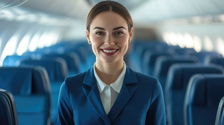 Friendly flight attendant in uniform standing confidently in an empty airplane, smiling and ready to welcome passengersの素材