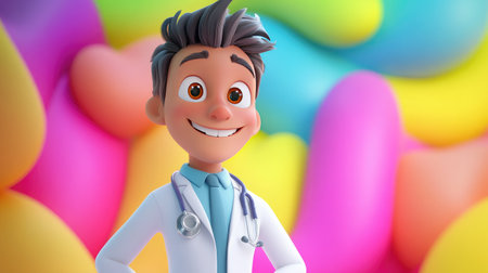 Adorable 3D cartoon doctor with a white coat and friendly expression, standing out on a vibrant, colorful backdropの素材