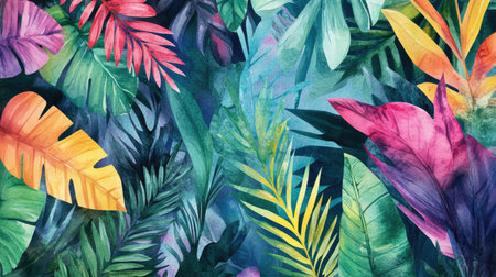 A vibrant watercolor background featuring exotic tropical leaves and plants, with rich greens and colorful accents, creating a lush paradiseの素材
