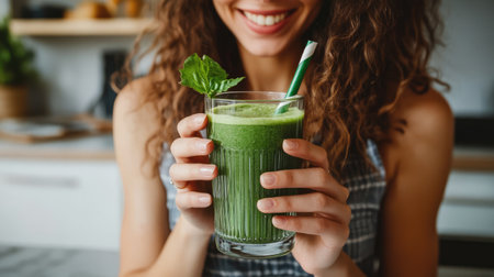 A woman enjoying a green smoothie in a clean kitchen, illustrating the concept of detox diets and healthy eating habitsの素材