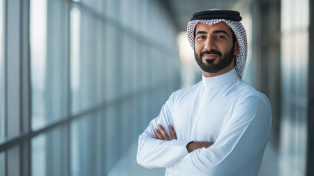 Confident middle-aged Arabian businessman in traditional attire, standing in a sleek modern office building, embodying professionalism and success -の素材