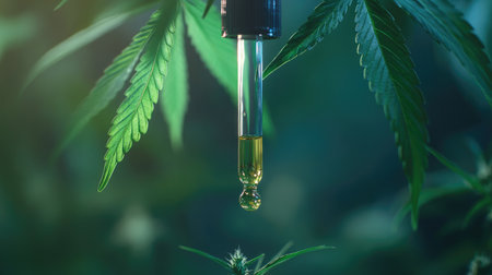 Cannabis oil in a dropper with a fresh marijuana leaf, symbolizing the intersection of nature and medical scienceの素材