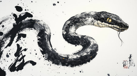 Artistic black brush painting of a snake for the 2025 Chinese New Year, capturing the essence of traditional Chinese calligraphyの素材