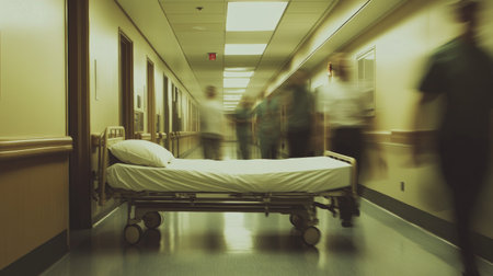 Hospital bed in a busy hallway, with staff moving past, symbolizing the fast-paced nature of healthcare environmentsの素材