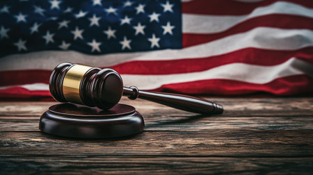 Judge gavel with a prominent American flag, capturing the essence of the legal system and law enforcement in the USAの素材