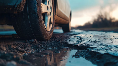 Close-up of a car tyre beside a pothole, capturing the hazards of driving on damaged roads and the risk to vehiclesの素材