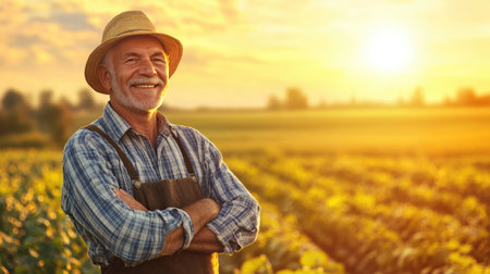 Happy farmer standing in a sunlit field, with the warm hues of a summer evening, showcasing the beauty of farmingの素材