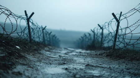 Barbed wire and chains surround a desolate area, representing the harsh realities of human trafficking and the fight for liberationの素材