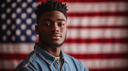 Portrait of a young Black man in front of the American flag, highlighting his role as a voter and participant in democracyの素材