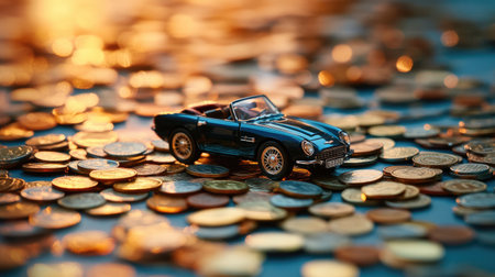 Toy car surrounded by coins, symbolizing car insurance, financial planning, and the economics of buying and selling vehiclesの素材